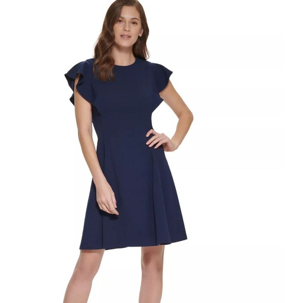 NWT DKNY Flutter Cap Sleeves Boat Neck Ruffle Solid Scuba Crepe Dress Navy Blue